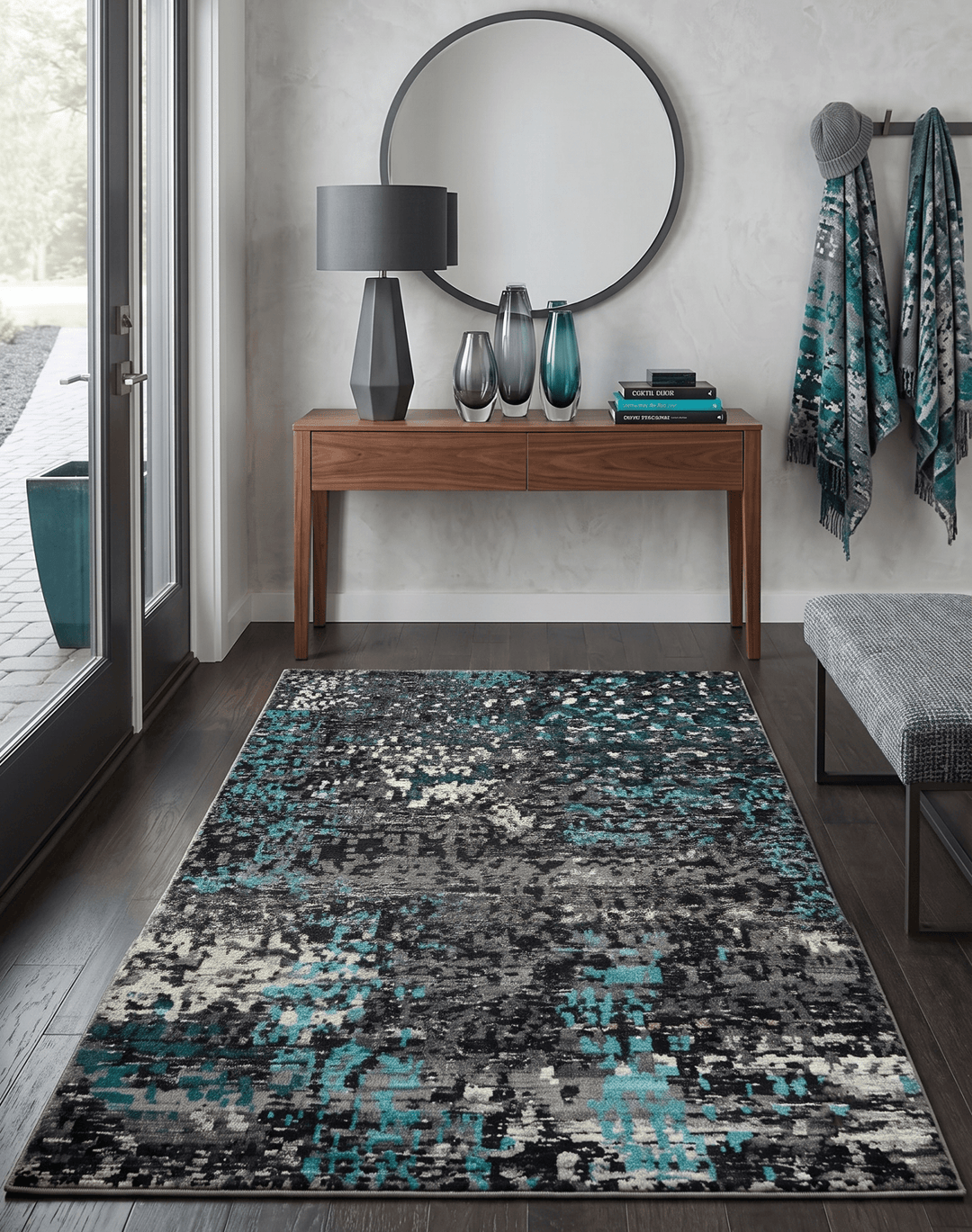 5x8 Hand Knotted Charcoal, Ivory and Blue Modern Abstract Recycled Silk Area Rug - The Rug Decor