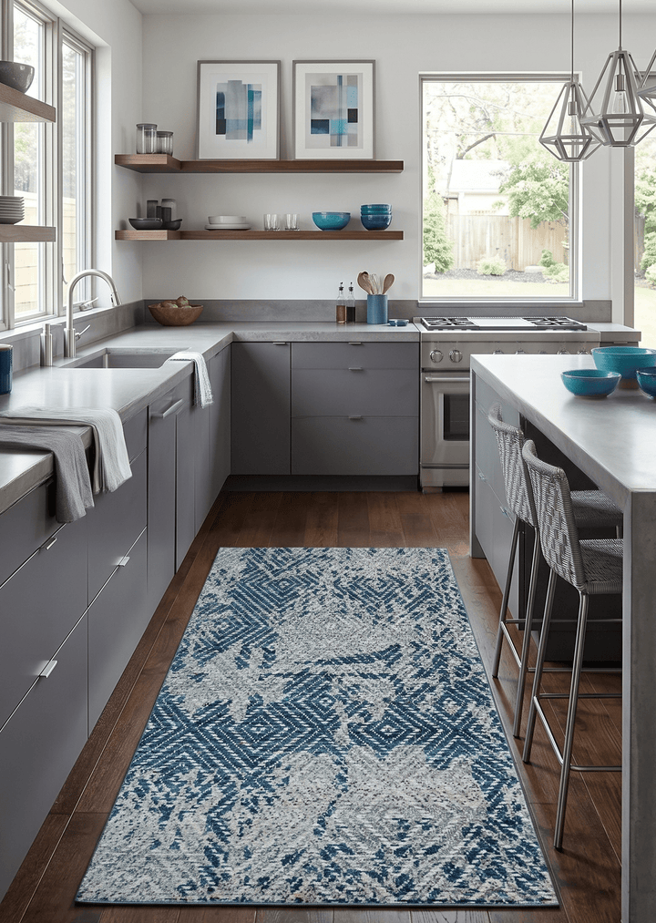 5x8 Hand Knotted Ivory And Blue and Modern Contemporary Recycled Silk Area Rug - The Rug Decor