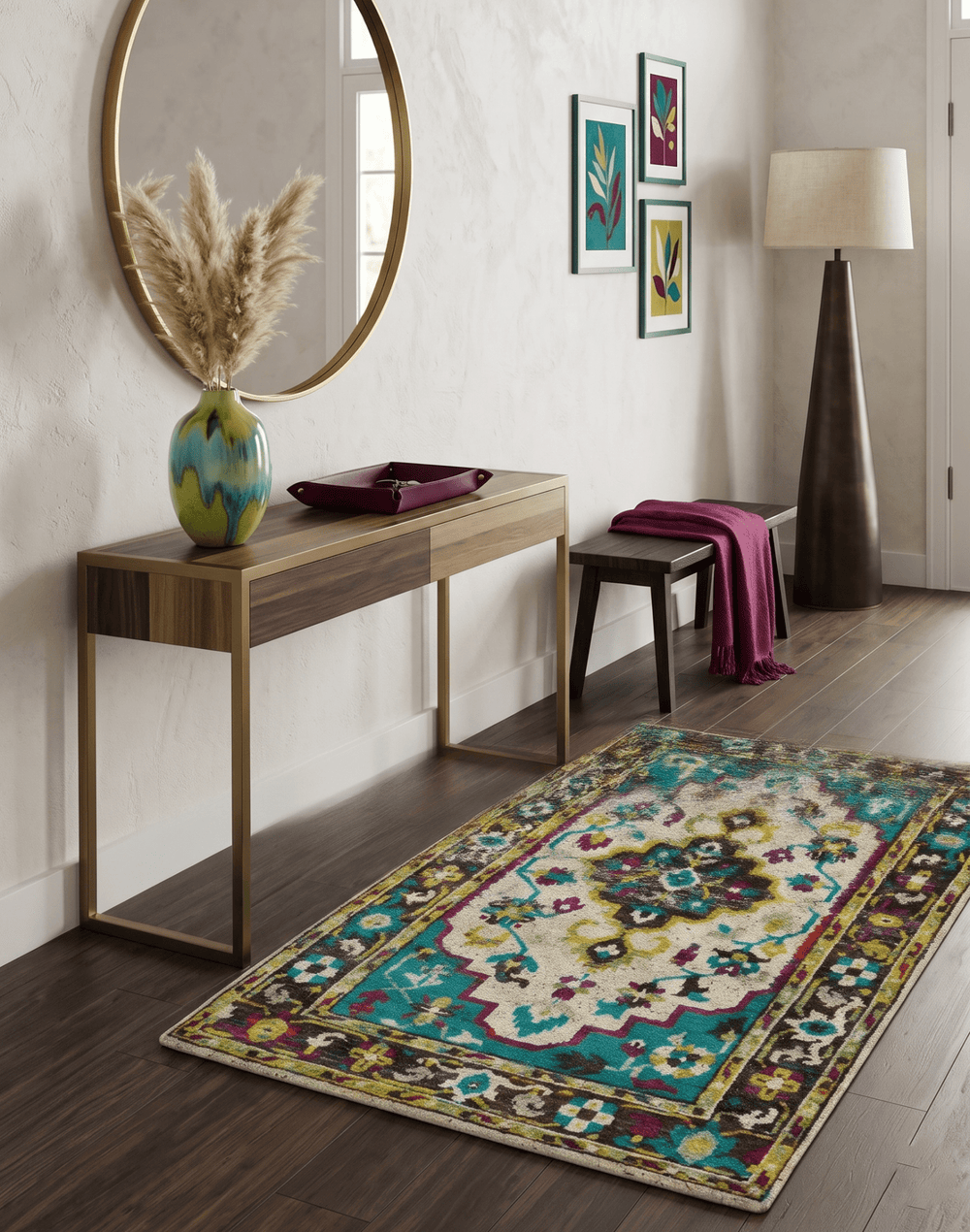 5x8 Hand Knotted Ivory, Teal Blue and Brown Antique Persian Style Bamboo Silk Area Rug - The Rug Decor