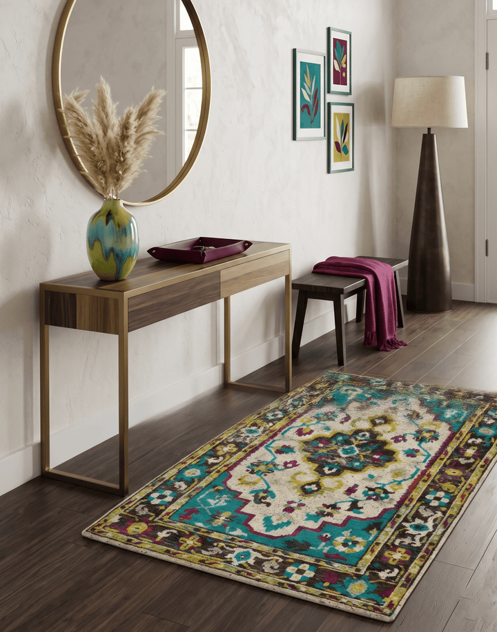 5x8 Hand Knotted Ivory, Teal Blue and Brown Antique Persian Style Bamboo Silk Area Rug - The Rug Decor