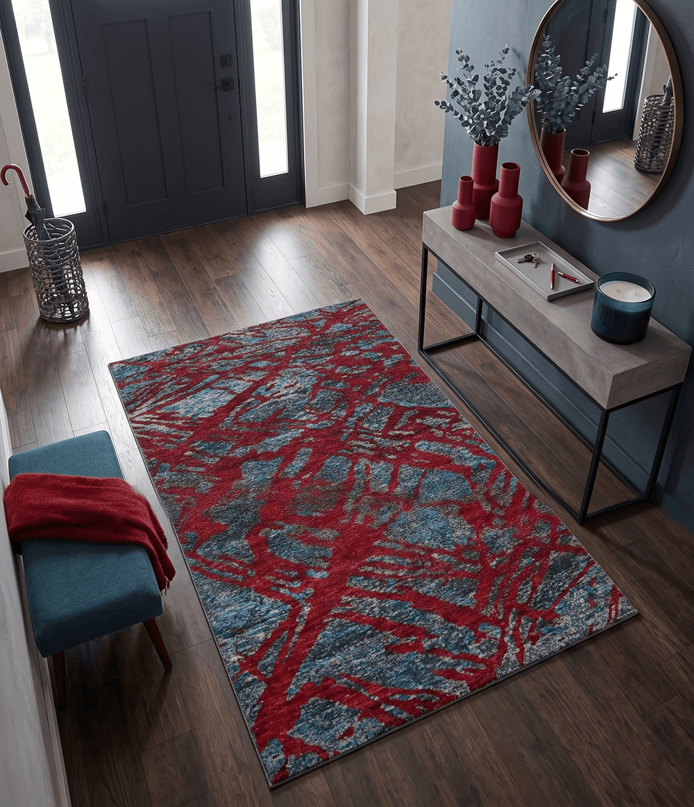 5x8 Hand Knotted Maroon, Gray and Blue Modern Abstract Recycled Silk Area Rug - The Rug Decor