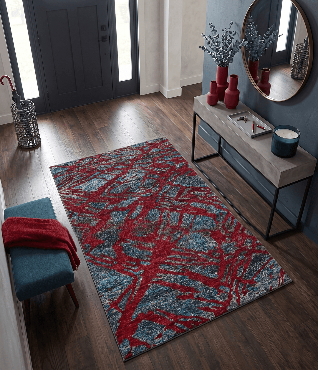5x8 Hand Knotted Maroon, Gray and Blue Modern Abstract Recycled Silk Area Rug - The Rug Decor
