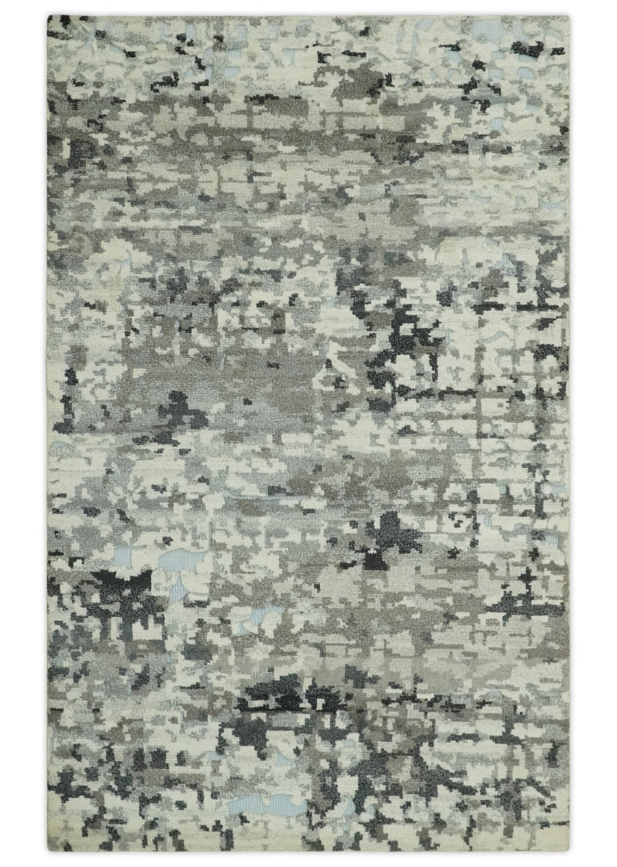 5x8 hand knotted Modern Abstract Beige, Silver, Taupe and Charcoal wool Area Rug - The Rug Decor
