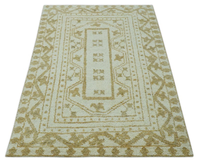 5x8 Ivory and Olive Traditional Hand Knotted wool Area Rug - The Rug Decor