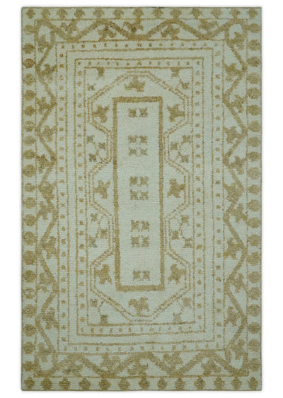 5x8 Ivory and Olive Traditional Hand Knotted wool Area Rug - The Rug Decor