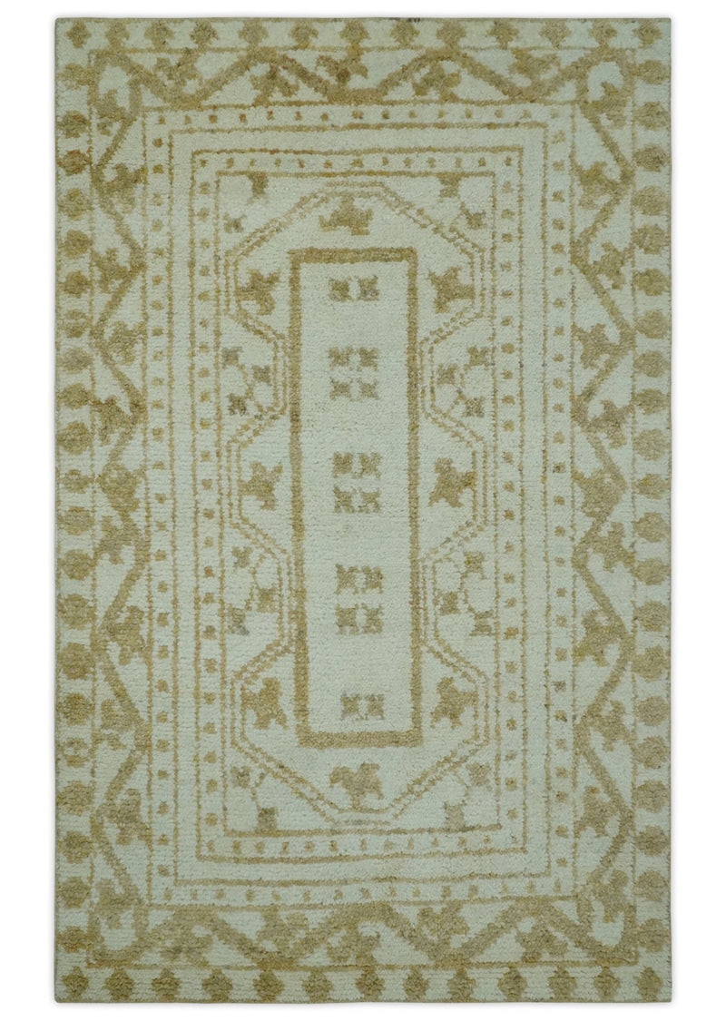 5x8 Ivory and Olive Traditional Hand Knotted wool Area Rug - The Rug Decor