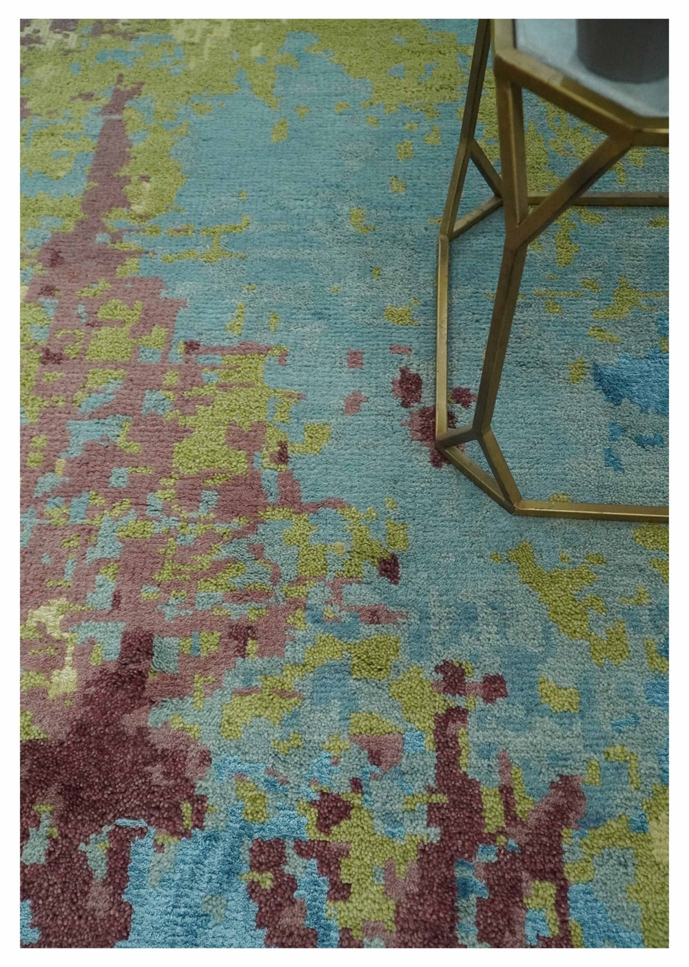 5x8 Modern Abstract Aqua, Olive and Brown Hand Knotted wool Area Rug - The Rug Decor