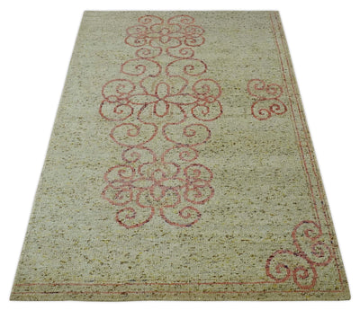 5x8 Olive, Silver and dark Peach Hand Knotted Traditional Floral wool area Rug - The Rug Decor