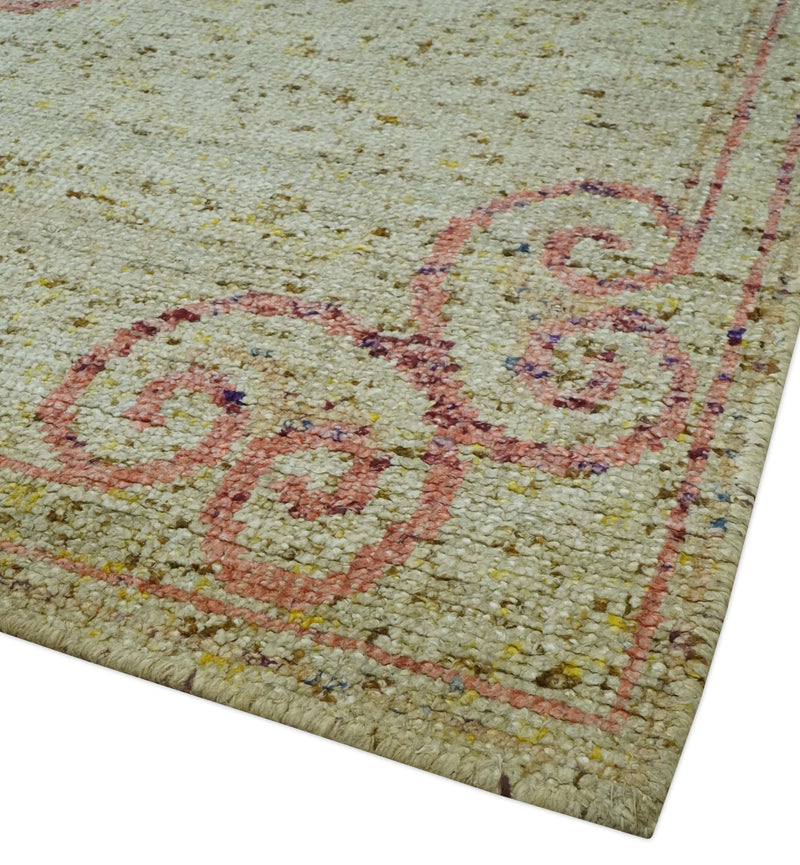 5x8 Olive, Silver and dark Peach Hand Knotted Traditional Floral wool area Rug - The Rug Decor