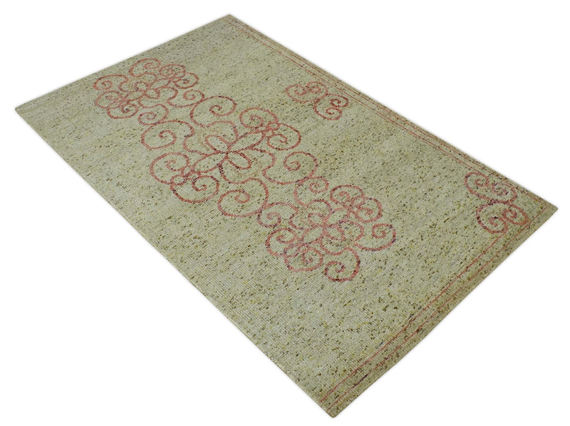 5x8 Olive, Silver and dark Peach Hand Knotted Traditional Floral wool area Rug - The Rug Decor