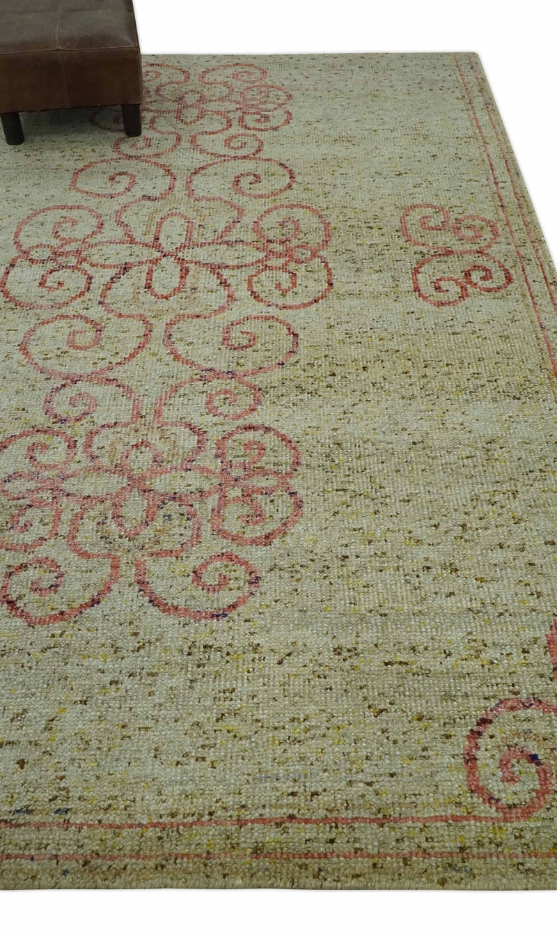 5x8 Olive, Silver and dark Peach Hand Knotted Traditional Floral wool area Rug - The Rug Decor