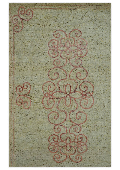 5x8 Olive, Silver and dark Peach Hand Knotted Traditional Floral wool area Rug - The Rug Decor