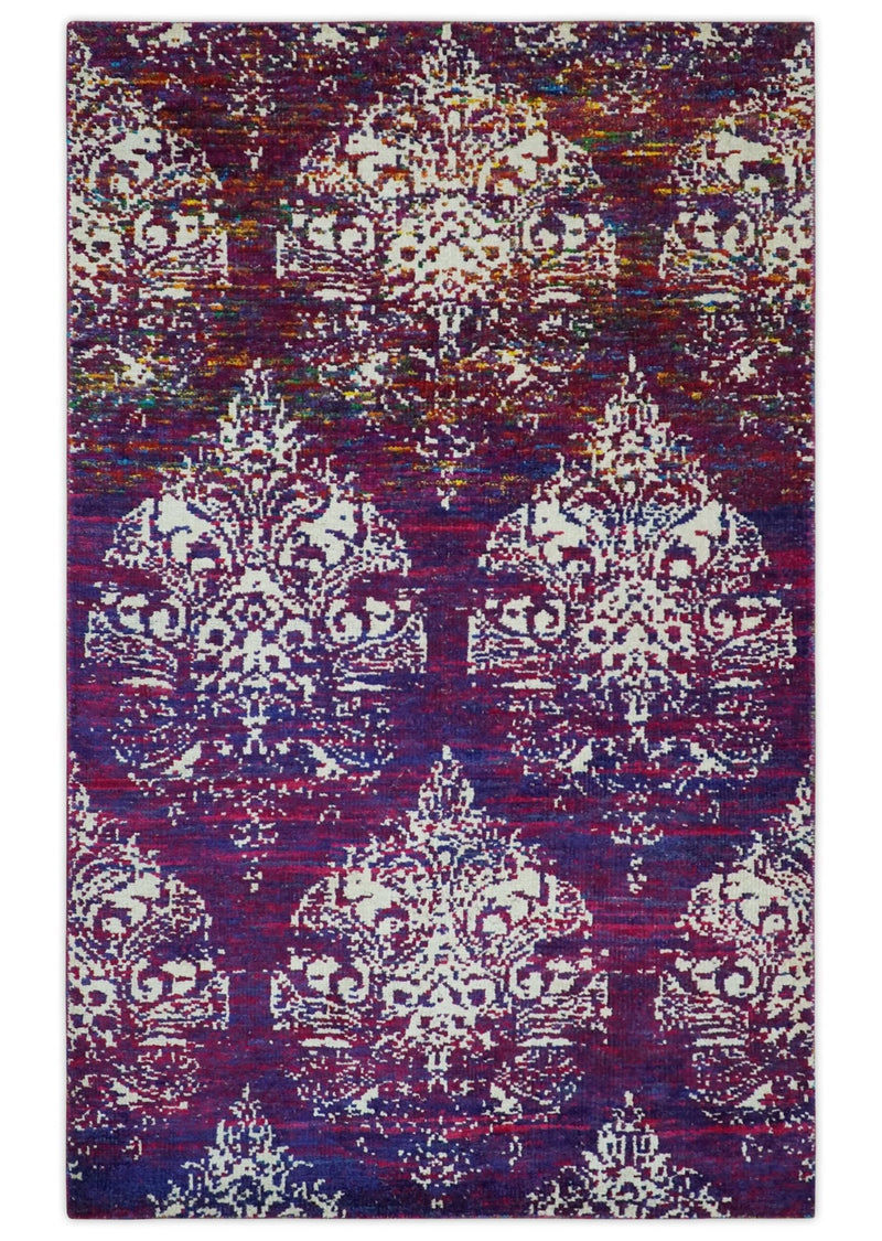 5x8 Purple, Maroon and Ivory Traditional Large Ikat Design Hand Knotted wool Area Rug - The Rug Decor