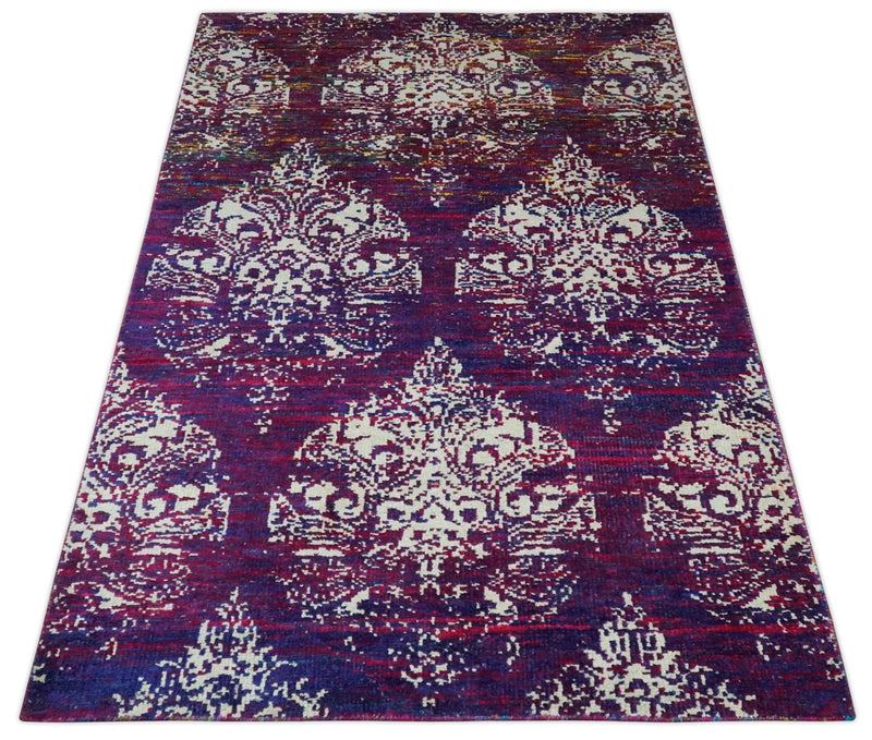 5x8 Purple, Maroon and Ivory Traditional Large Ikat Design Hand Knotted wool Area Rug - The Rug Decor