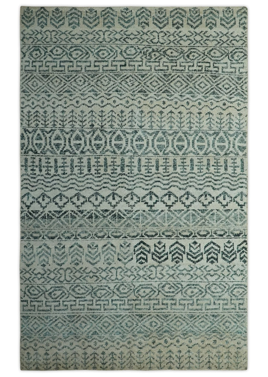 5x8 Teal and Silver Hand Knotted Southwestern Tribal Trellis wool Area Rug - The Rug Decor