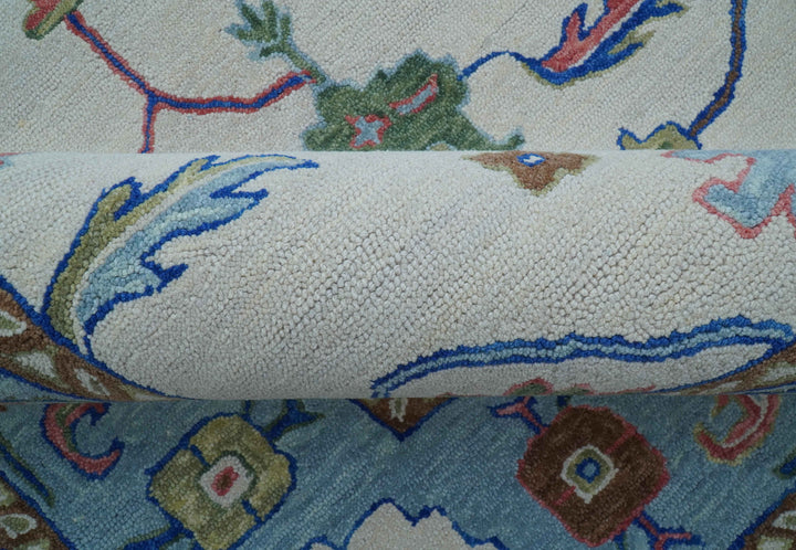 Custom Made Modern Oushak Ivory And Blue Hand Tufted Wool Area Rug