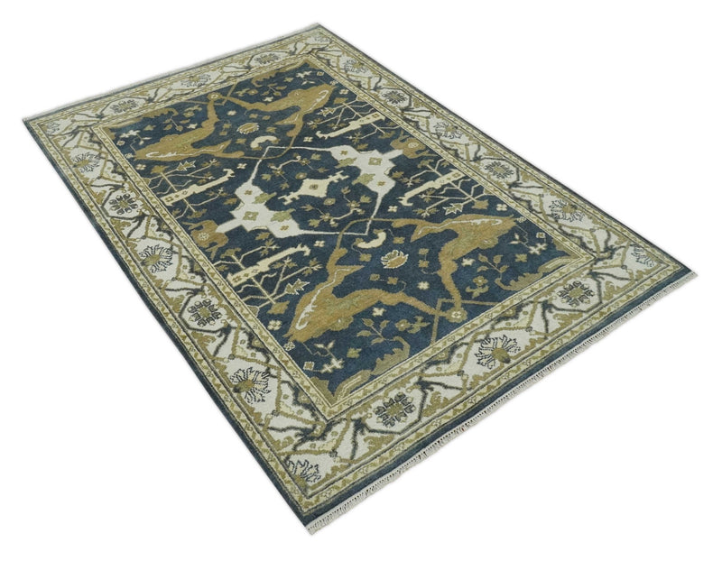 6.4x8.9 Hand Knotted Charcoal, Ivory and Olive Oriental Oushak Wool Area Rug - The Rug Decor