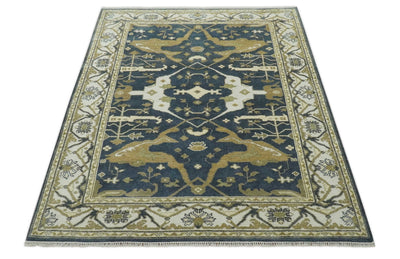 6.4x8.9 Hand Knotted Charcoal, Ivory and Olive Oriental Oushak Wool Area Rug - The Rug Decor