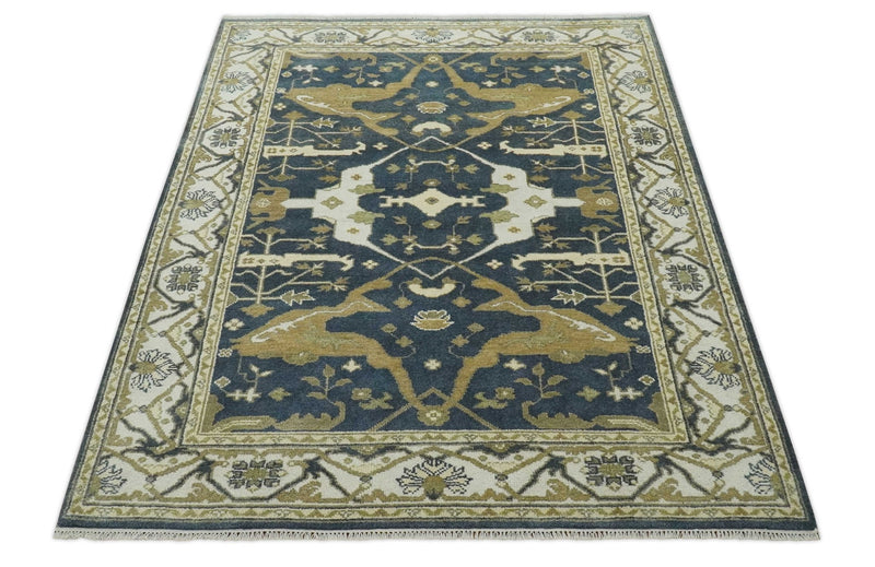 6.4x8.9 Hand Knotted Charcoal, Ivory and Olive Oriental Oushak Wool Area Rug - The Rug Decor