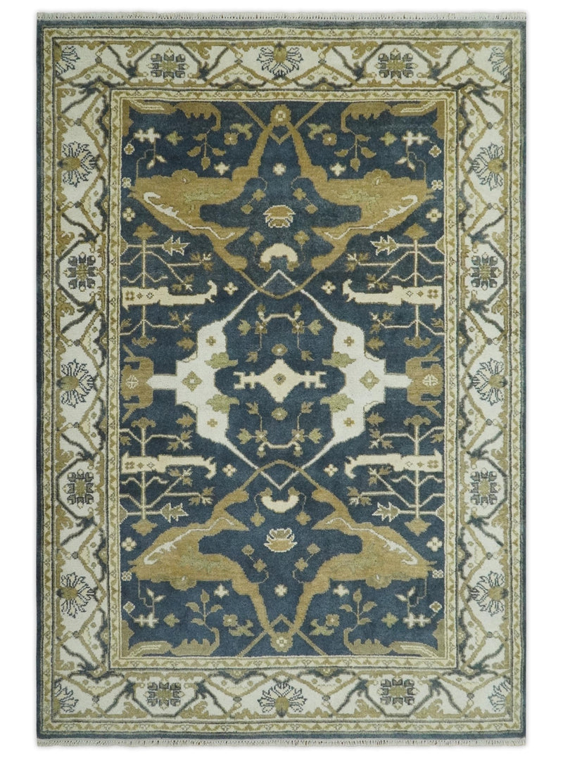 6.4x8.9 Hand Knotted Charcoal, Ivory and Olive Oriental Oushak Wool Area Rug - The Rug Decor