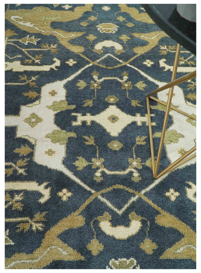 6.4x8.9 Hand Knotted Charcoal, Ivory and Olive Oriental Oushak Wool Area Rug - The Rug Decor