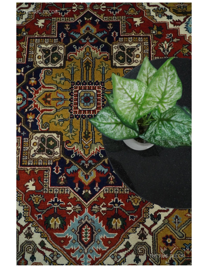 Rust and blue traditional Heriz Serapi area rug with intricate medallion pattern