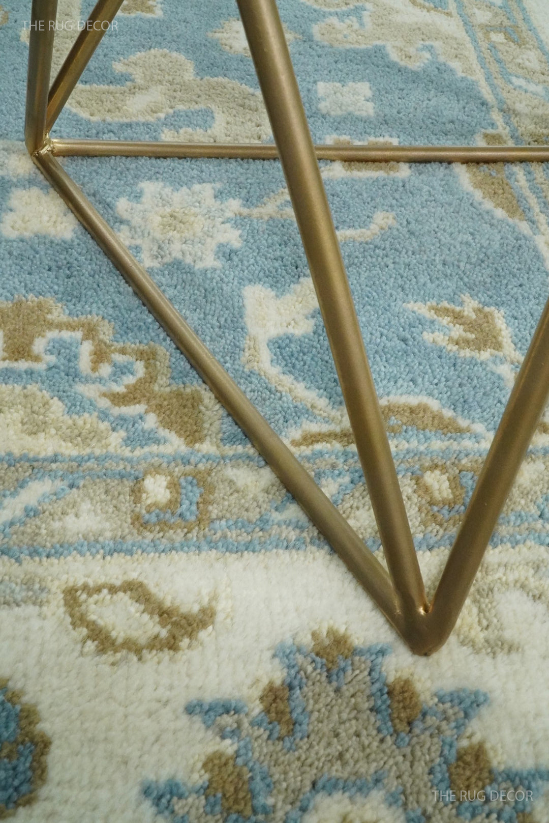Traditional Oushak Design Blue And Beige Hand Knotted Wool Rug