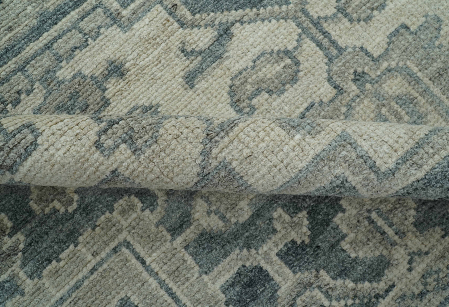 Gray And Beige Turkish Design Hand Knotted Custom Made Wool And Linen Rug