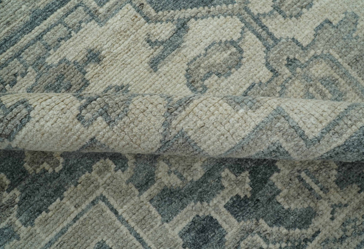 Gray And Beige Turkish Design Hand Knotted Custom Made Wool And Linen Rug