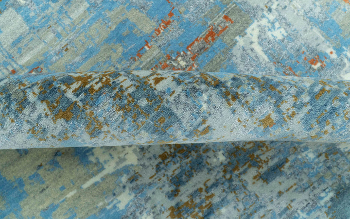 Modern Abstract Design Beige And Blue 8x10 Hand Knotted Wool, Art Silk Rug