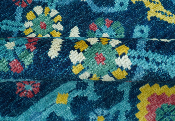 Custom Made Blue And Mustard Traditional Floral Motifs Hand Knotted Wool Rug