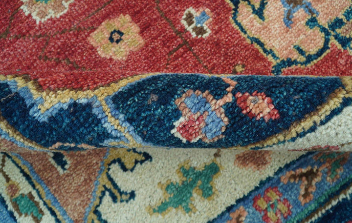 Custom Made Traditional Heriz Red And Blue Hand Knotted Wool Rug