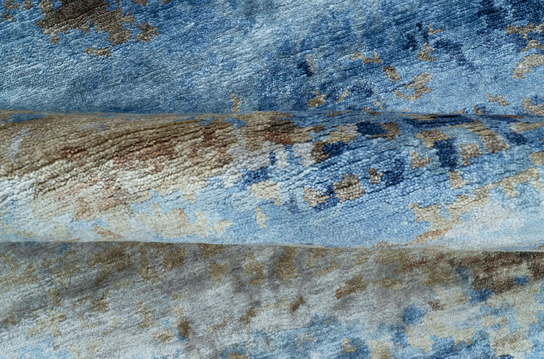 Modern Abstract Blue And Beige 4x6 Hand Knotted Bamboo Silk Rug