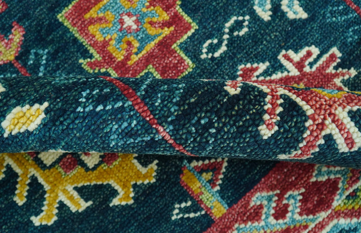 Custom Made Blue And Red Traditional Tribal Design Hand Knotted Wool Rug