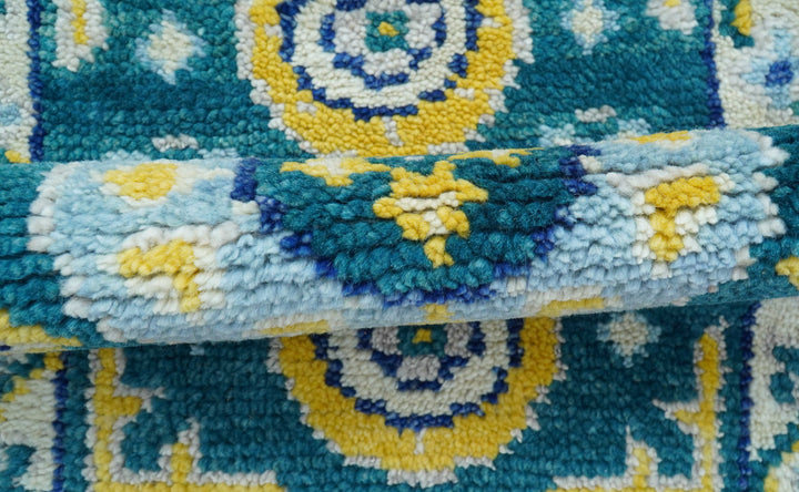 Hand knotted 2x3 Yellow And Teal Traditional Khotan Design Wool Area Rug
