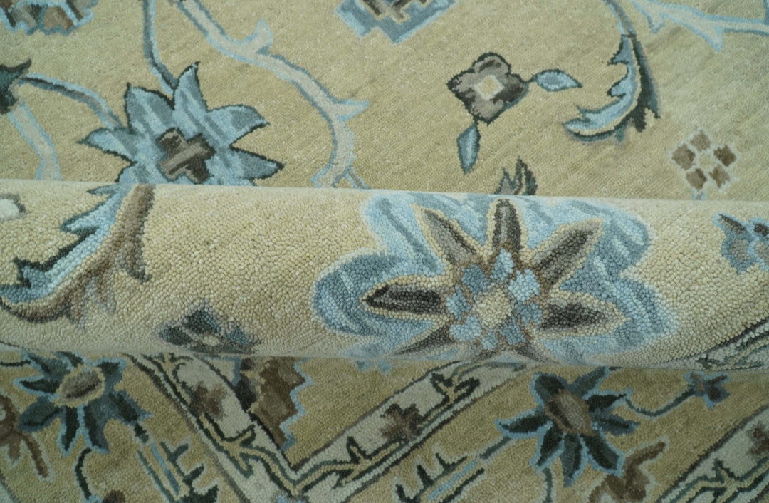 Custom Made Beige, Ivory and Blue Hand Tufted Floral Oriental Oushak wool area rug