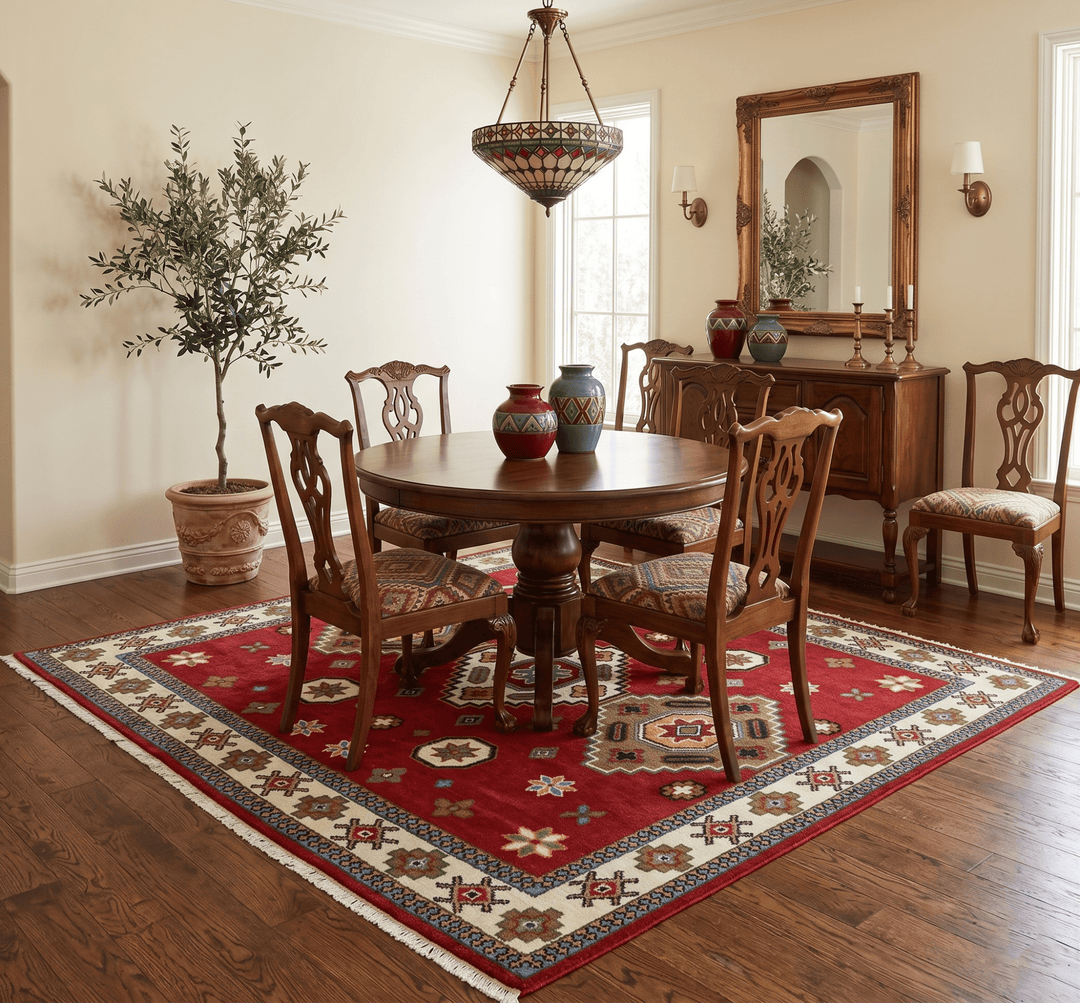 6x6 Square Hand Knotted Antique Kazak Red and Ivory Wool Area Rug - The Rug Decor
