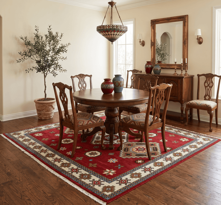 6x6 Square Hand Knotted Antique Kazak Red and Ivory Wool Area Rug - The Rug Decor