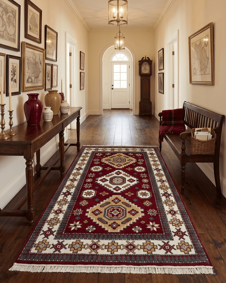 6x8 Hand Knotted Traditional Antique Kazak Maroon and Ivory Wool Area Rug - The Rug Decor