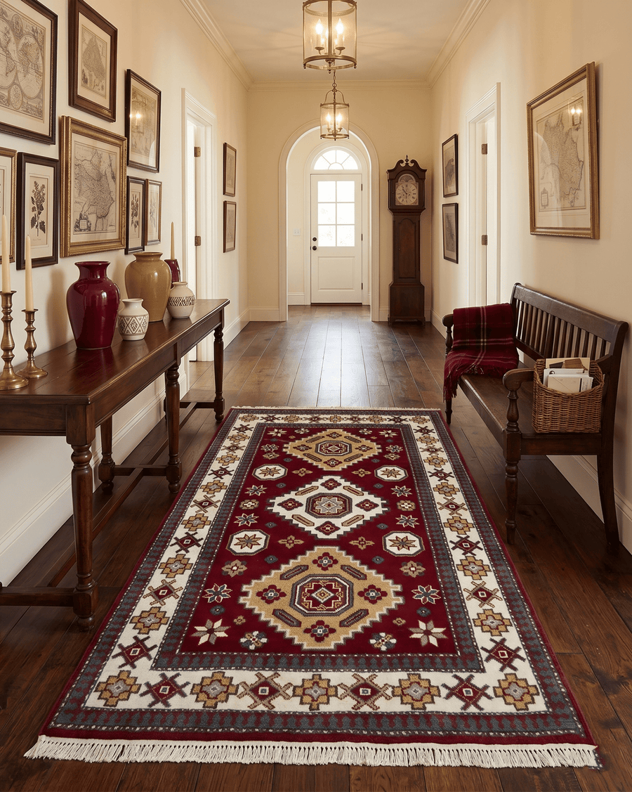 6x8 Hand Knotted Traditional Antique Kazak Maroon and Ivory Wool Area Rug - The Rug Decor