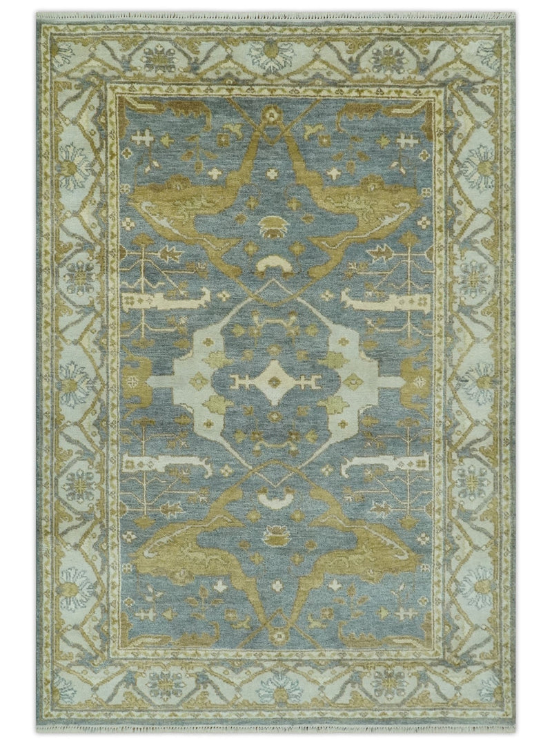 6x9 Hand Knotted Gray, Olive and Ivory Traditional Oriental Oushak wool area rug - The Rug Decor