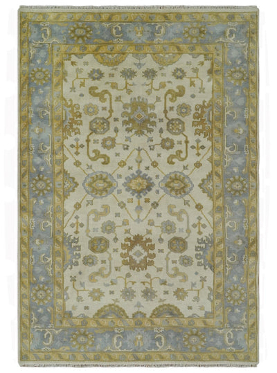 6x9 Hand Knotted Ivory, Gray and Mustard Traditional Oriental Oushak wool rug - The Rug Decor