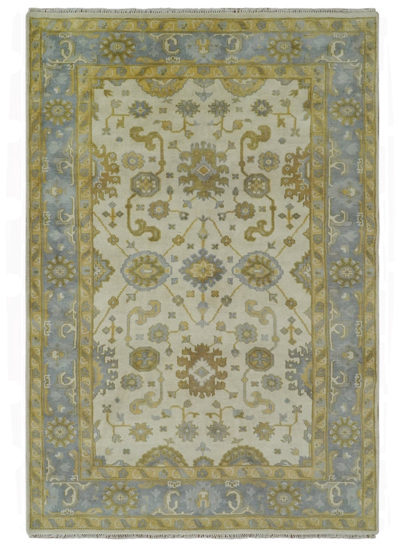 6x9 Hand Knotted Ivory, Gray and Mustard Traditional Oriental Oushak wool rug - The Rug Decor