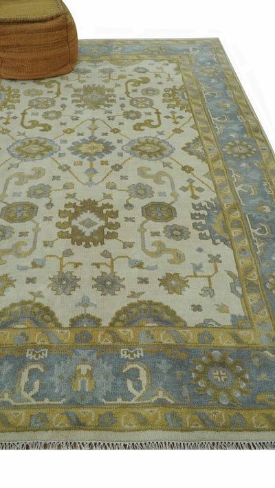 6x9 Hand Knotted Ivory, Gray and Mustard Traditional Oriental Oushak wool rug - The Rug Decor