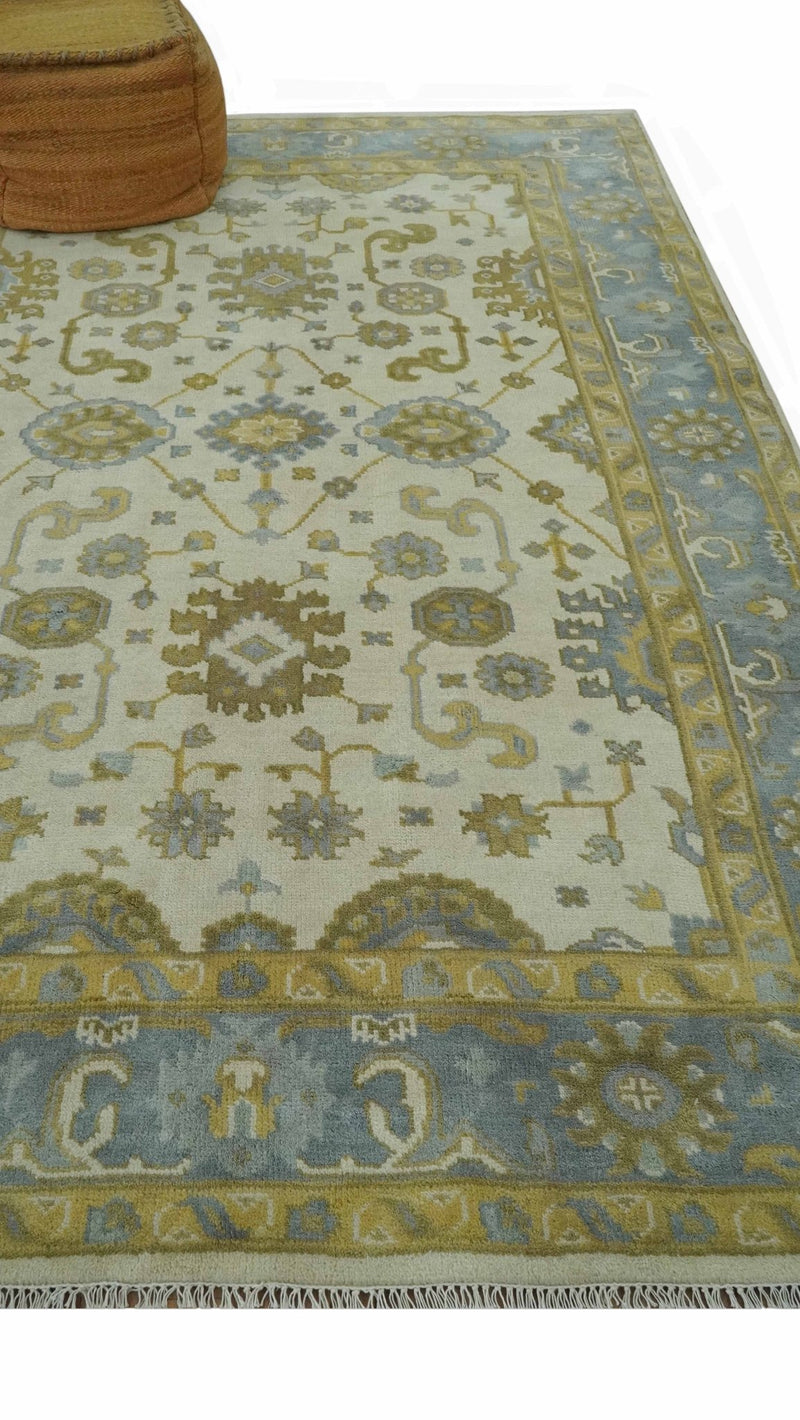 6x9 Hand Knotted Ivory, Gray and Mustard Traditional Oriental Oushak wool rug - The Rug Decor