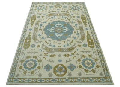 6x9 Ivory, Olive and Teal Hand Knotted Traditional Medallion wool Area Rug - The Rug Decor