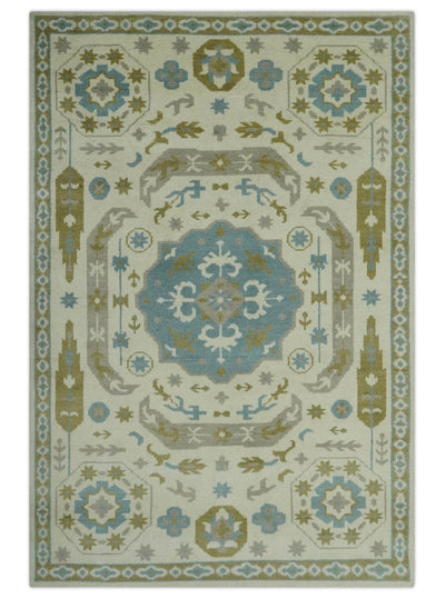 6x9 Ivory, Olive and Teal Hand Knotted Traditional Medallion wool Area Rug - The Rug Decor