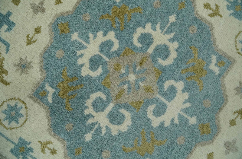 6x9 Ivory, Olive and Teal Hand Knotted Traditional Medallion wool Area Rug - The Rug Decor