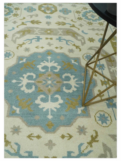 6x9 Ivory, Olive and Teal Hand Knotted Traditional Medallion wool Area Rug - The Rug Decor