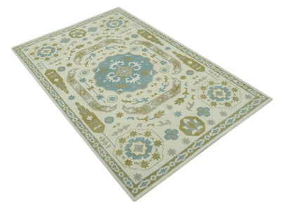 6x9 Ivory, Olive and Teal Hand Knotted Traditional Medallion wool Area Rug - The Rug Decor